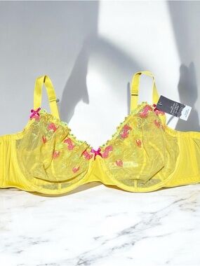 Cacique Yellow Sheer Embroidered Underwire Bra with Pink Accents